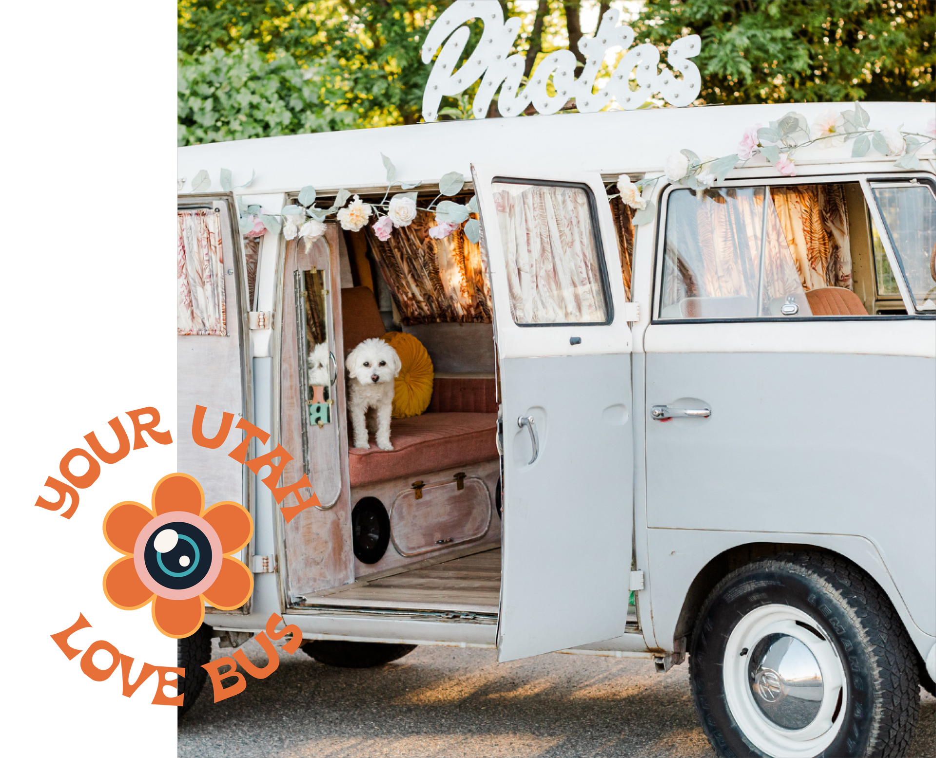 Vintage 1967 VW Photo Booth Love Bus side shot with white dog inside