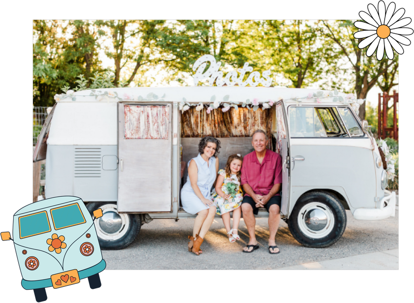 Hansen family posing with Vintage 1967 VW Photo Booth Love bus 