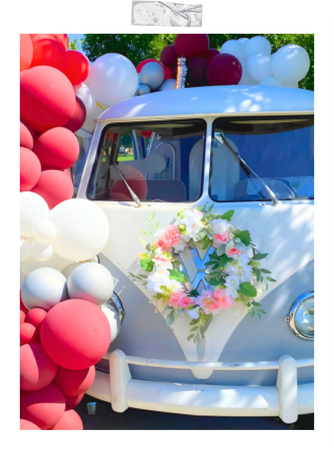A white van is decorated with balloons and flowers.