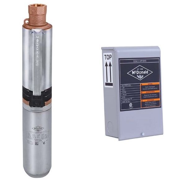 A blue water pump is sitting next to a black tank