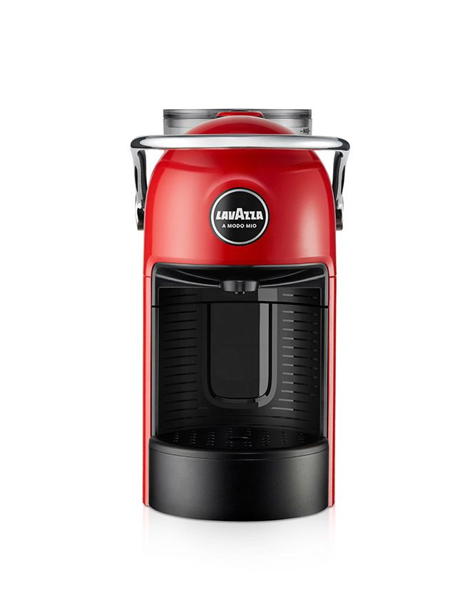 Macchina per caffè a cialde Lavazza A Modo Mio rossa con vaschetta raccogli-gocce, logo e maniglia neri.