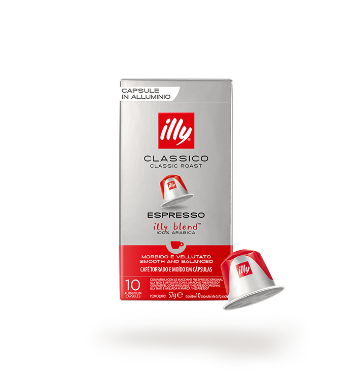 Scatola di capsule di caffè espresso Illy Classico, con accanto una capsula rossa e argento.