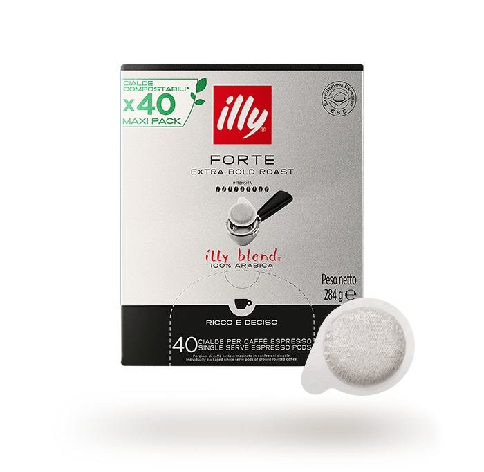 Scatola di cialde di caffè illy Forte tostato extra forte con una cialda accanto.