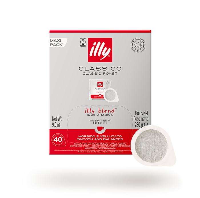 Scatola di cialde di caffè Illy Classico Tostato Classico, con una singola cialda nella parte anteriore.