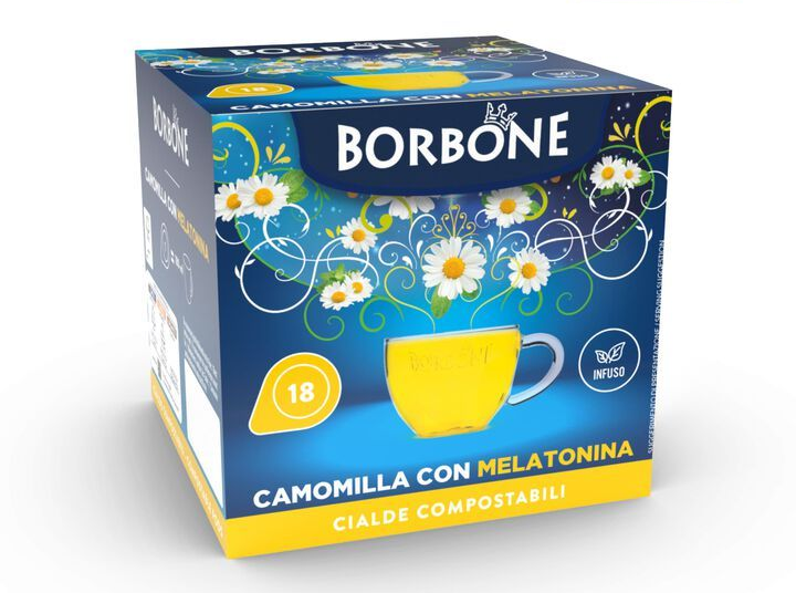 Scatola di camomilla Borbone con melatonina, raffigurante una tazza gialla.