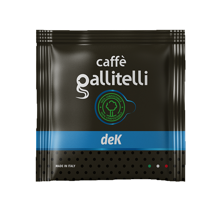 Cialda di caffè decaffeinato Caffè Gallitelli in confezione di alluminio nera e blu.