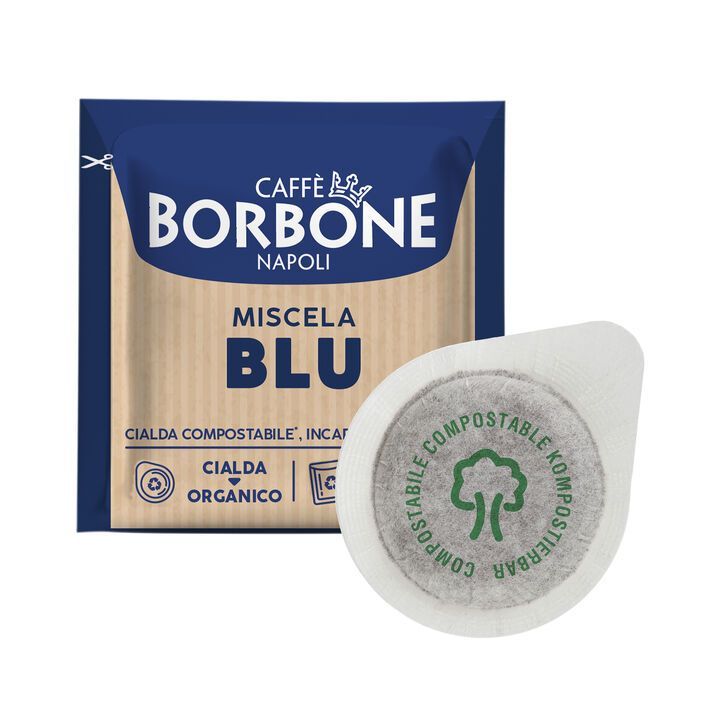 Cialda e bustina di caffè Borbone; confezione blu, etichetta compostabile, testo in italiano.