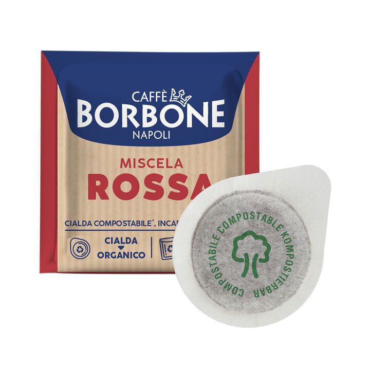 Confezione di cialde di caffè Caffè Borbone, rosse e blu, con cialda compostabile, raffigurante un albero.