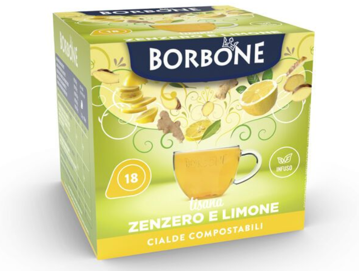Scatola di tè Borbone allo zenzero e limone, contenente 18 cialde compostabili, su superficie bianca.