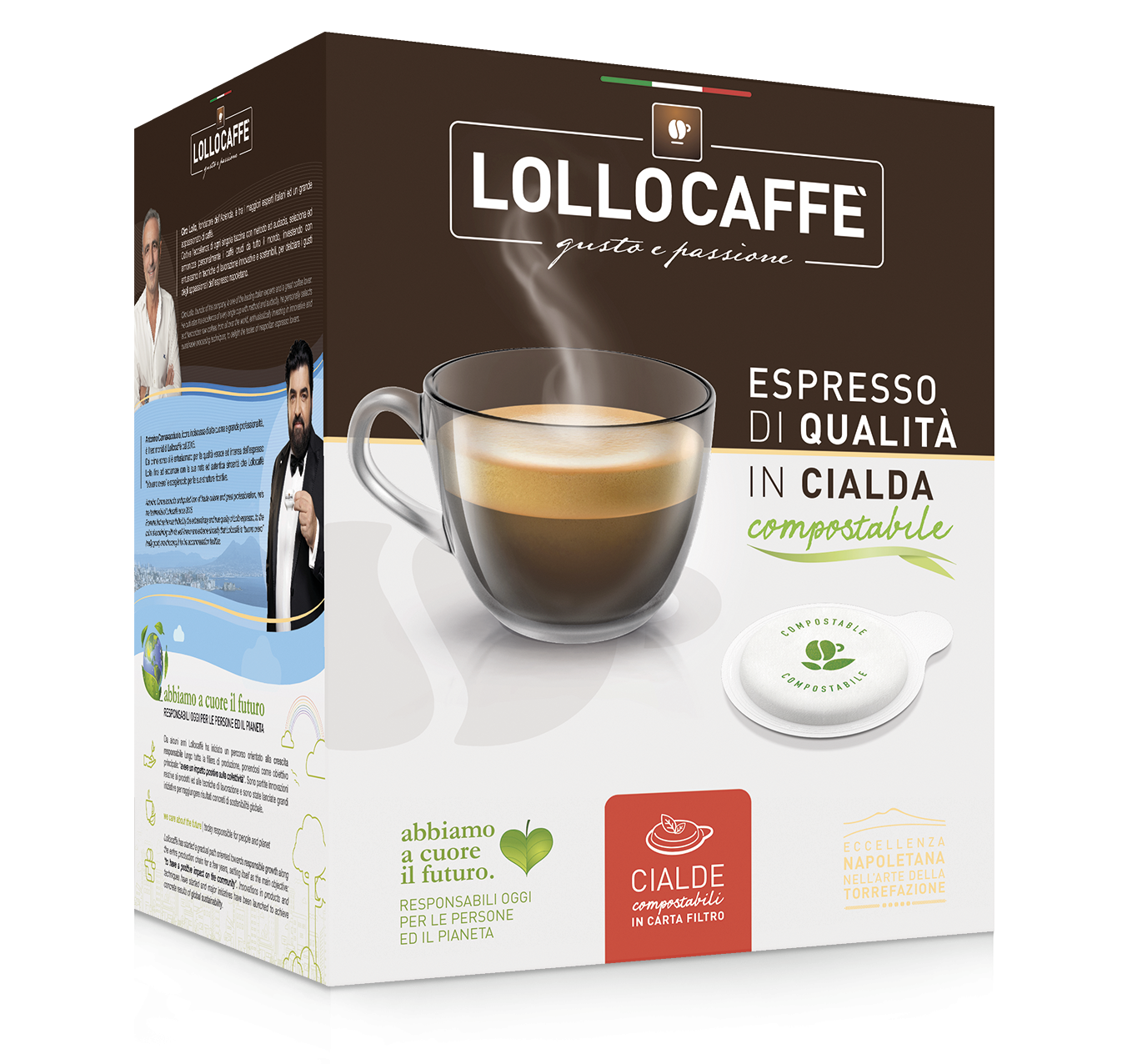 Scatola di cialde di caffè Lollo Caffè con una tazzina di espresso. Confezione marrone e bianca.