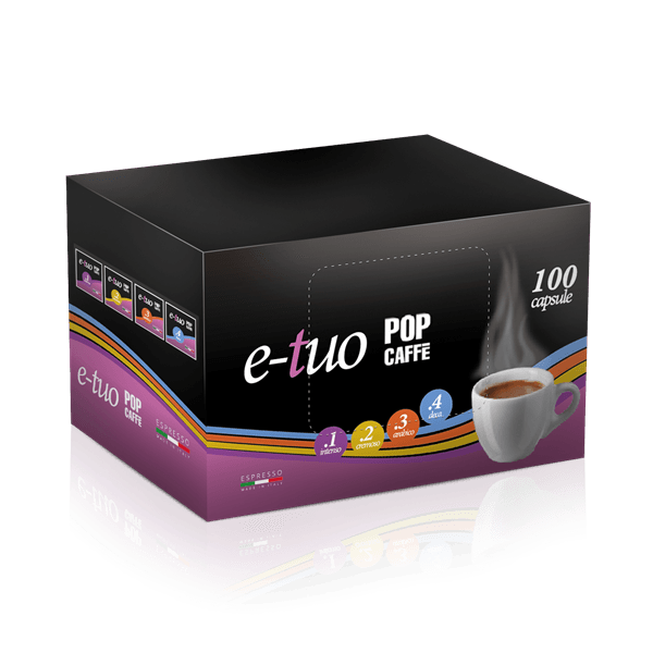 Scatola di capsule e-tuo Pop Caffe. Confezione nera e viola con l'immagine di una tazzina da caffè, 100 capsule.