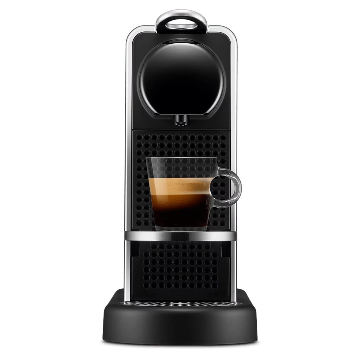 Macchina da caffè Nespresso nera con un bicchiere di espresso.