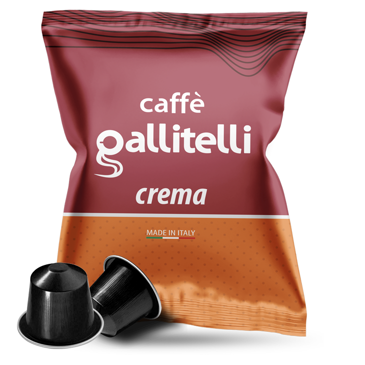 Busta di capsule di caffè crema Caffè Gallitelli, con due capsule nella parte anteriore. Busta rossa e arancione.