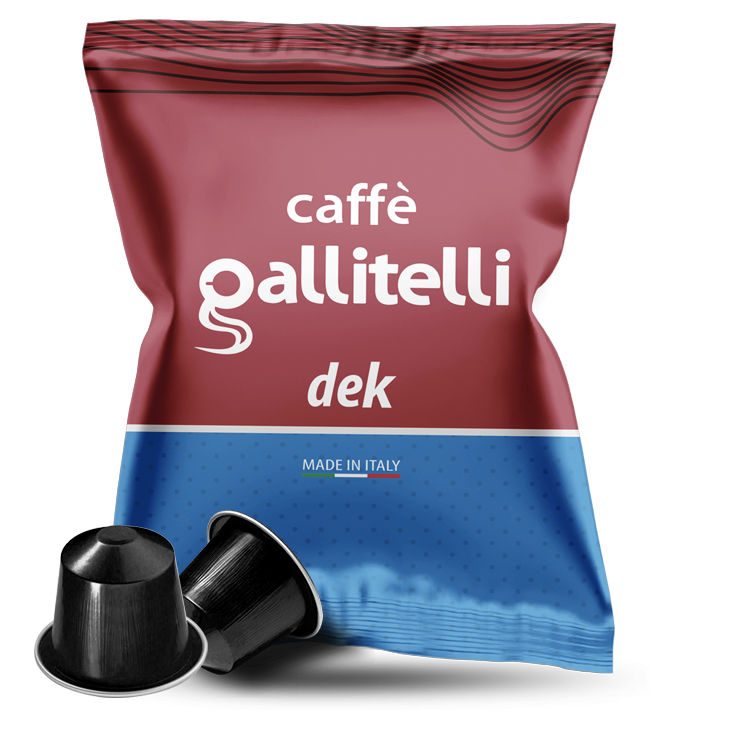 Sacchetto per capsule di caffè Caffè Gallitelli Dek con due capsule davanti; confezione rossa e blu.