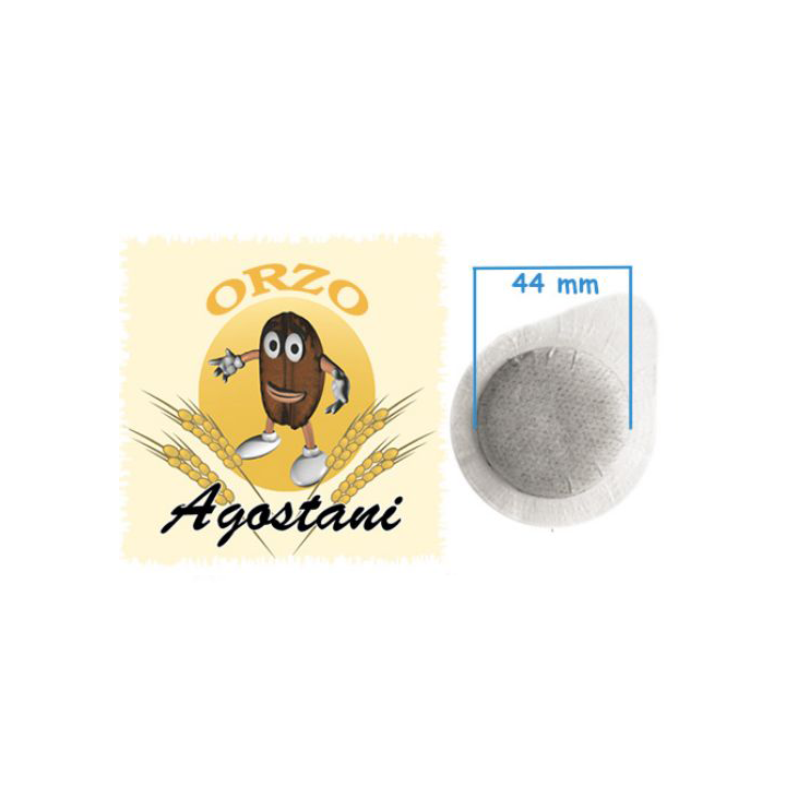 Logo di Orzo Agostani, un personaggio dei cartoni animati che raffigura un chicco d'orzo, accanto a una cialda di caffè da 44 mm.