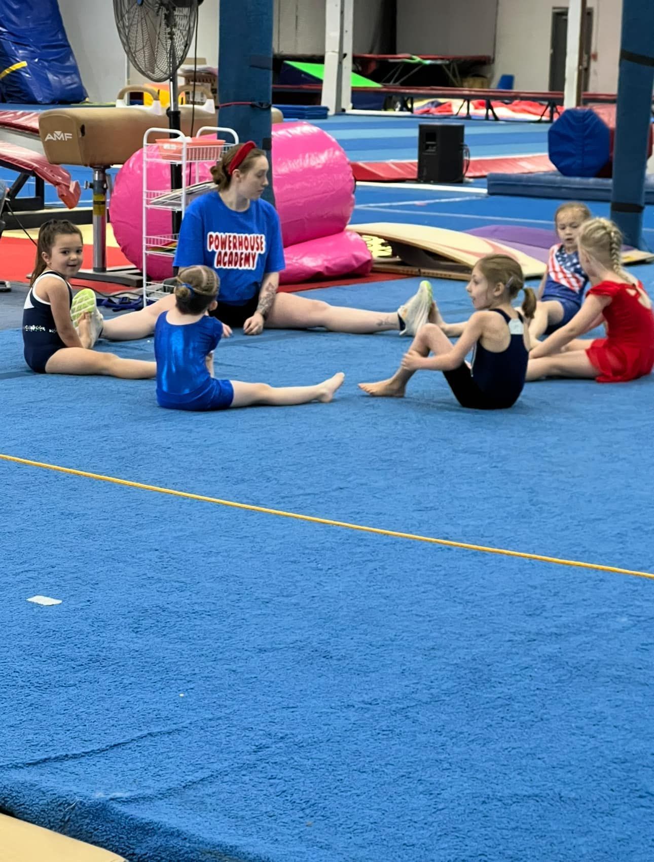 A group of young girls are sitting on the floor in a gym.