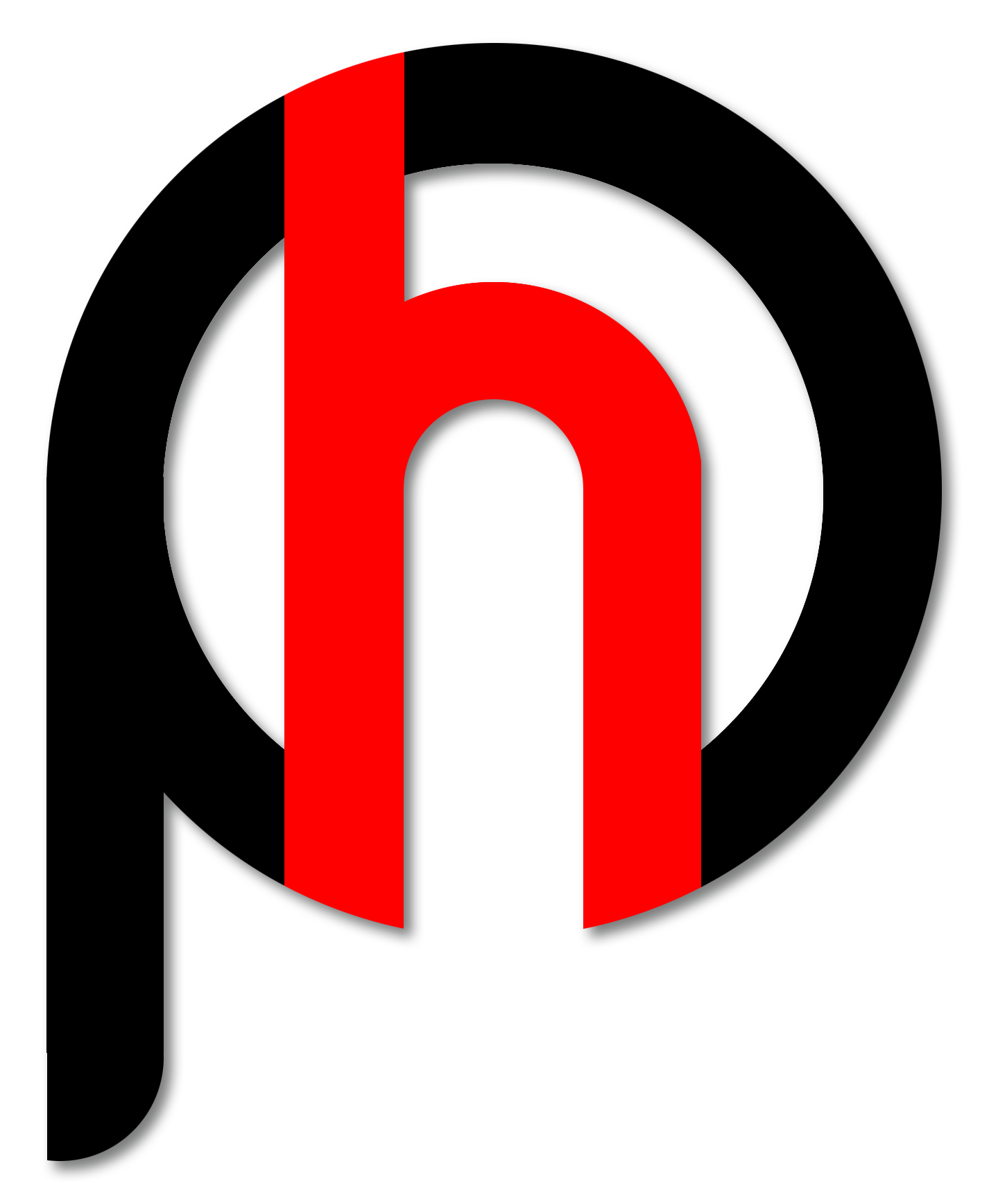 A red letter h in a black circle on a white background