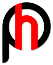 A red letter h in a black circle on a white background
