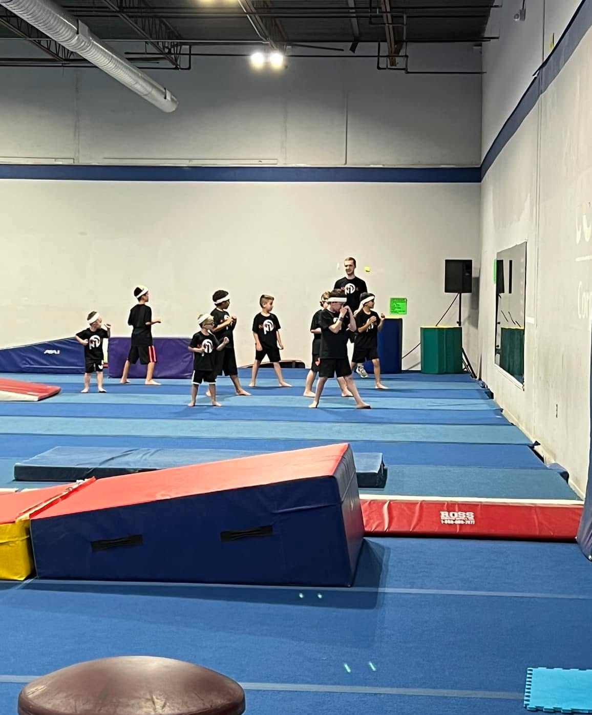 A group of kids are practicing gymnastics in a gym