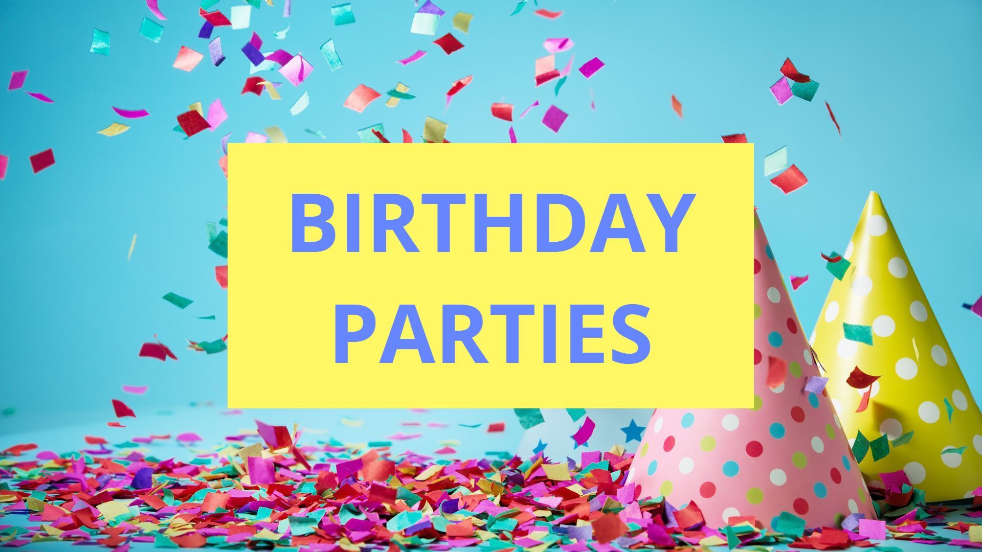 A birthday party with confetti and party hats on a blue background.