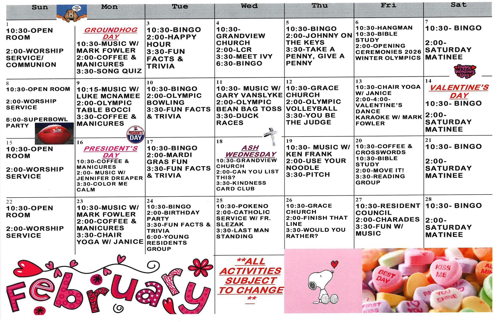 February activity calendar with events like bingo, music, and Valentine's Day.