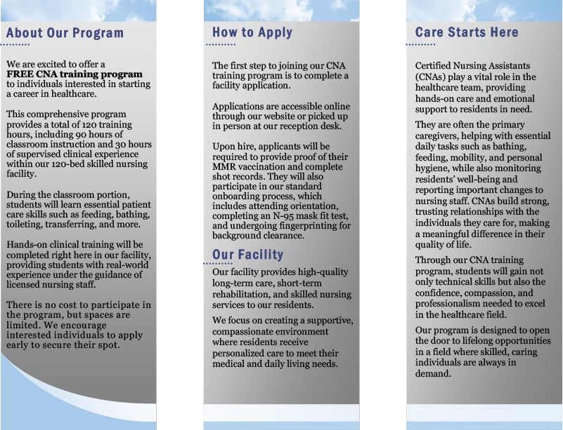 Brochure advertising a Certified Nursing Assistant (CNA) training program in a healthcare facility.