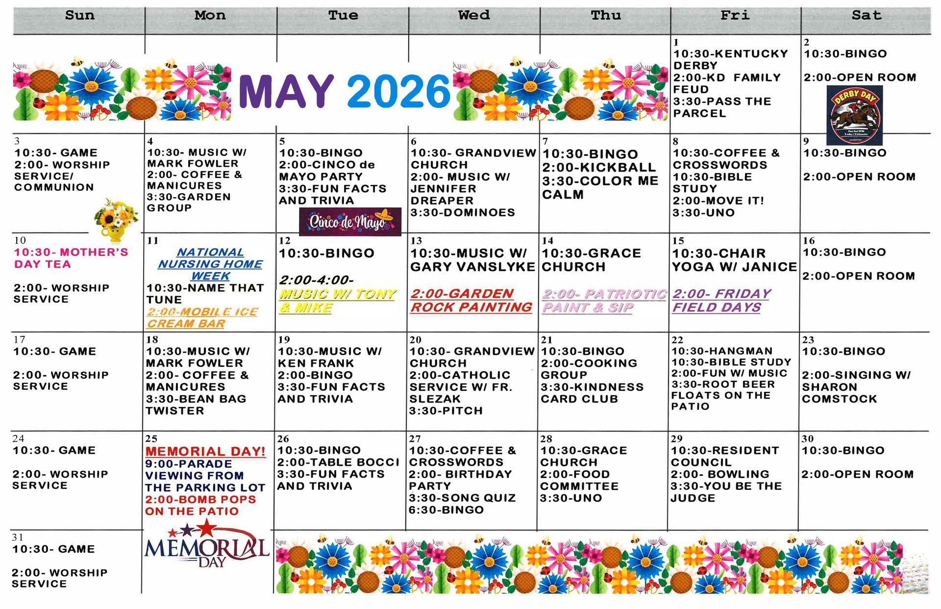 February activity calendar with events like bingo, music, and Valentine's Day.