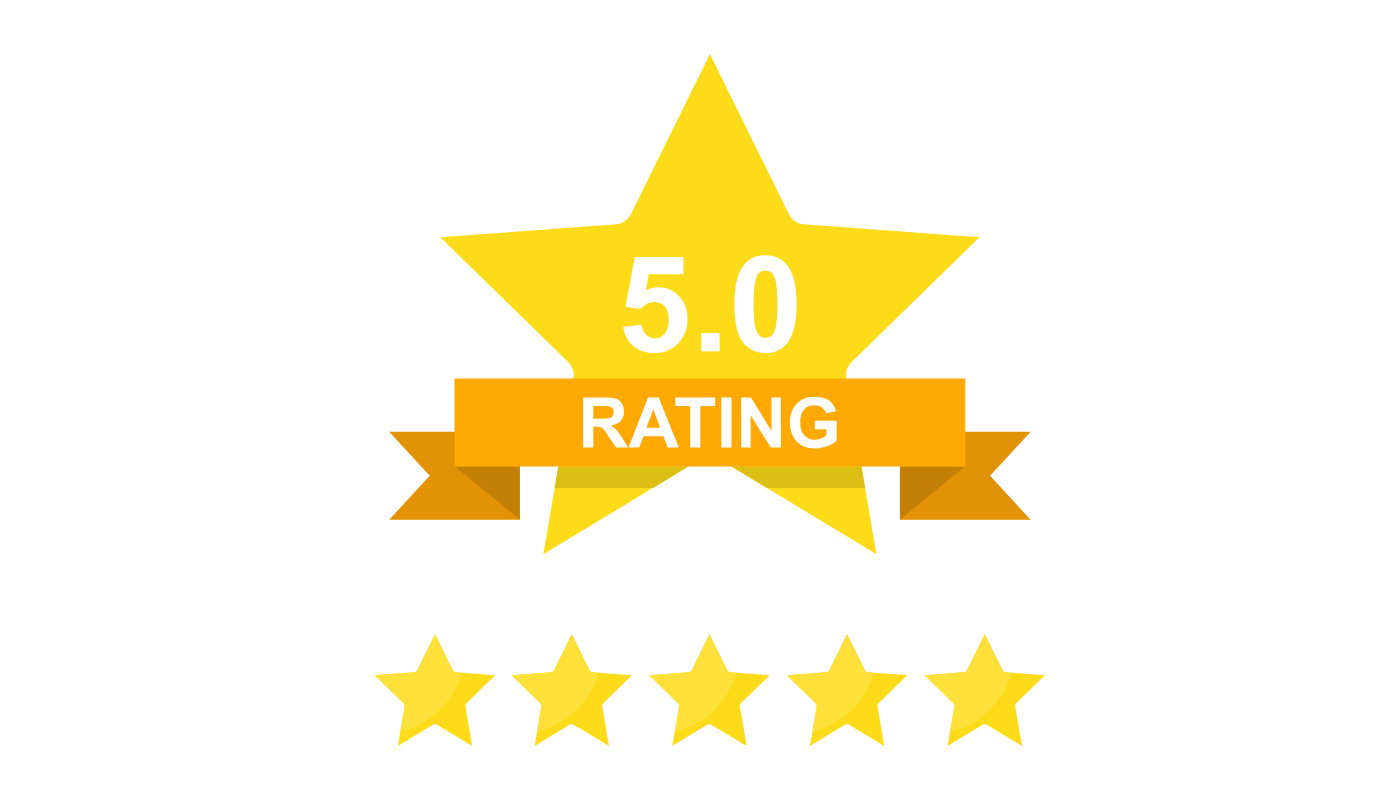 A yellow star with a ribbon that says 5.0 rating and five stars.