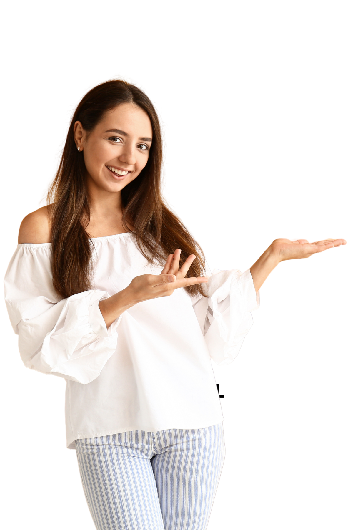 A woman in a white off the shoulder top is holding something in her hands.