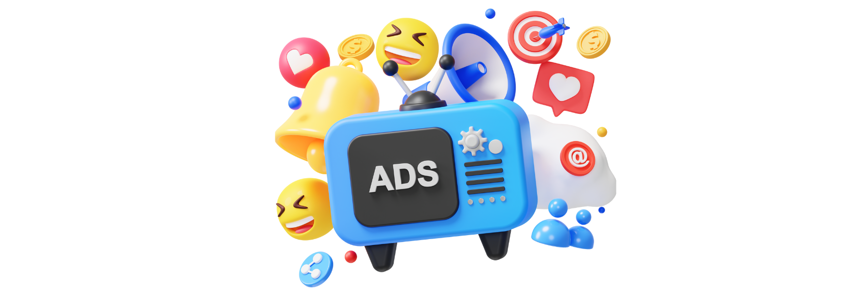 A blue box with the word ads on it is surrounded by smiley faces and a megaphone.