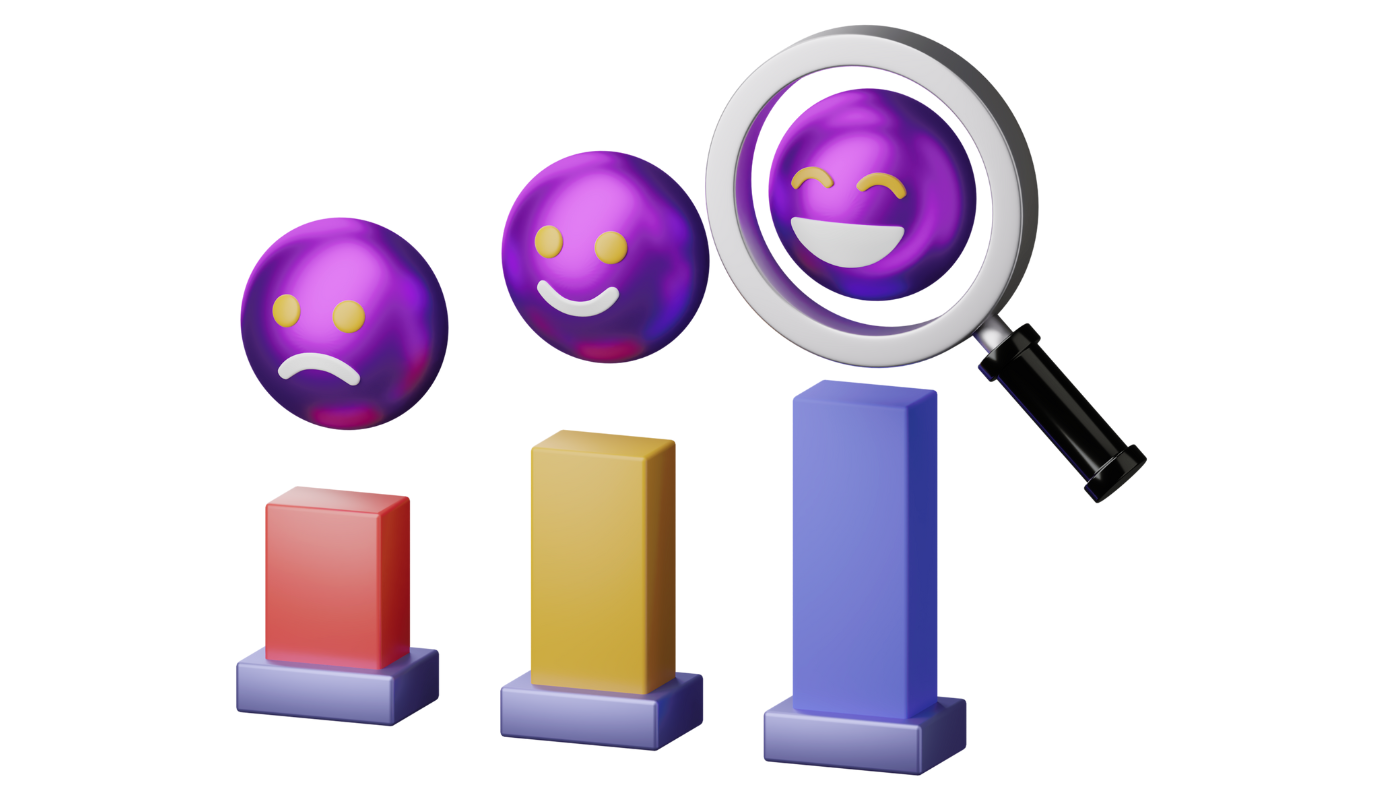 A magnifying glass is looking at a purple smiley face.