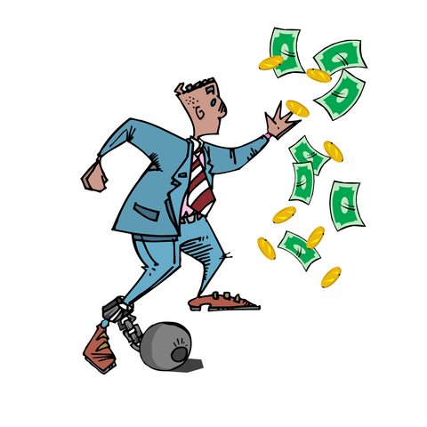 A cartoon of a man chained to a ball with money falling around him