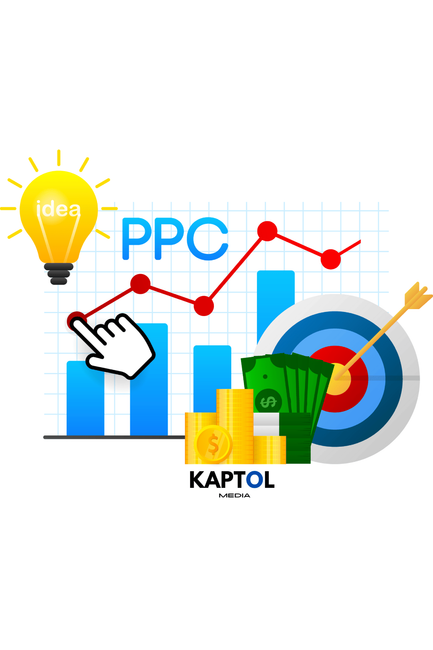 A ppc logo with a light bulb , a hand , a target , and a graph.