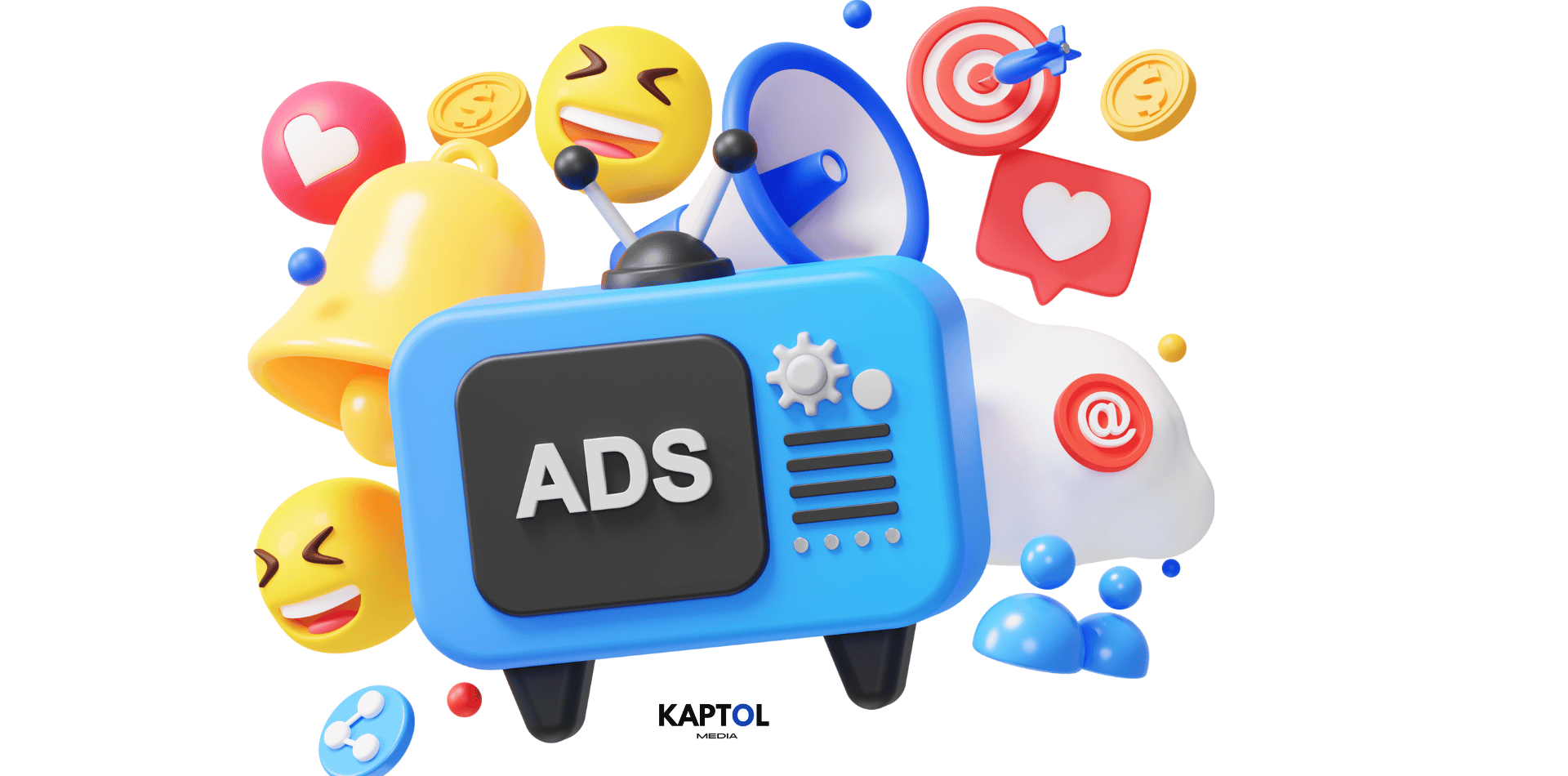 A 3d illustration of a television with the word ads on it surrounded by emojis and a megaphone.