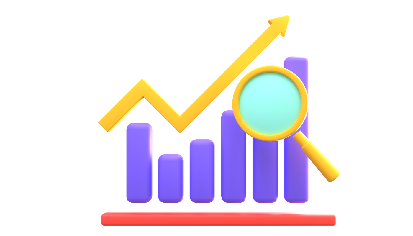 A graph with an arrow going up and a magnifying glass.