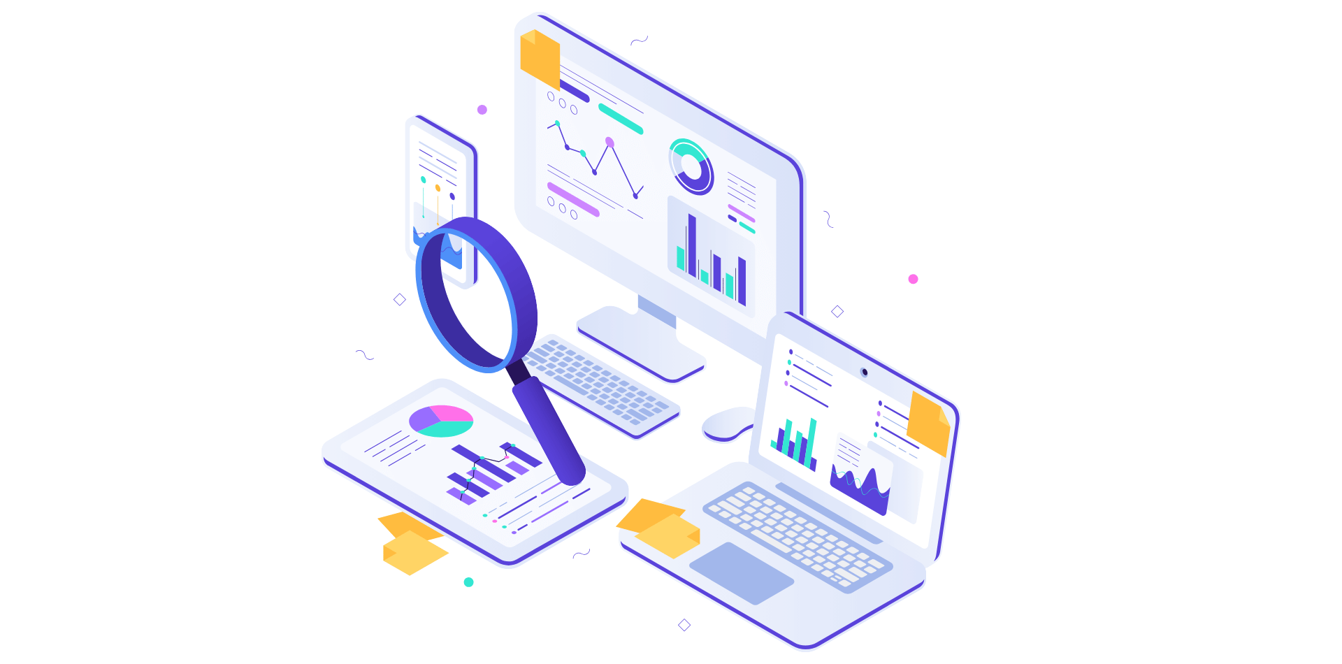 An isometric illustration of a computer , laptop , and magnifying glass.