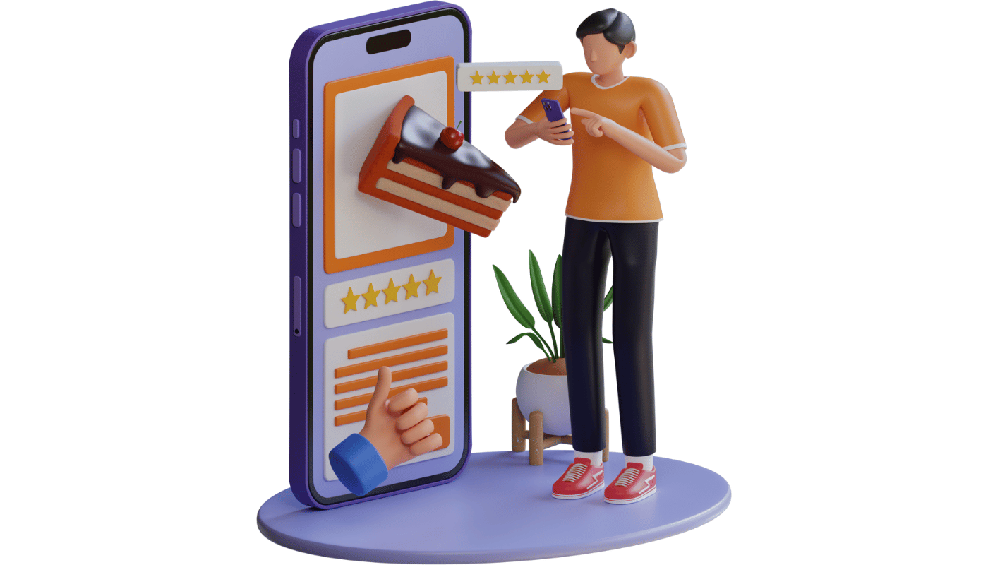 A man is standing in front of a cell phone with a piece of cake coming out of it.