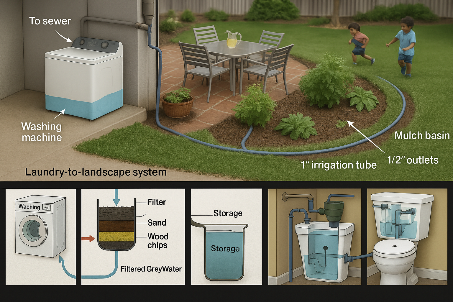 Illustration of greywater system types including laundry-to-garden, treated, and Class A reuse systems