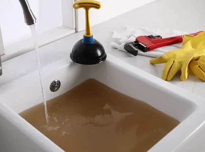 A sink with a plunger and yellow gloves in it