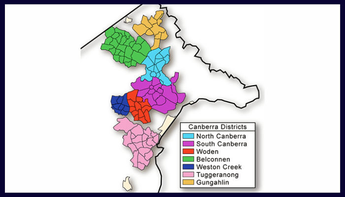 Map showing Canberra districts with frequent blocked drain issues