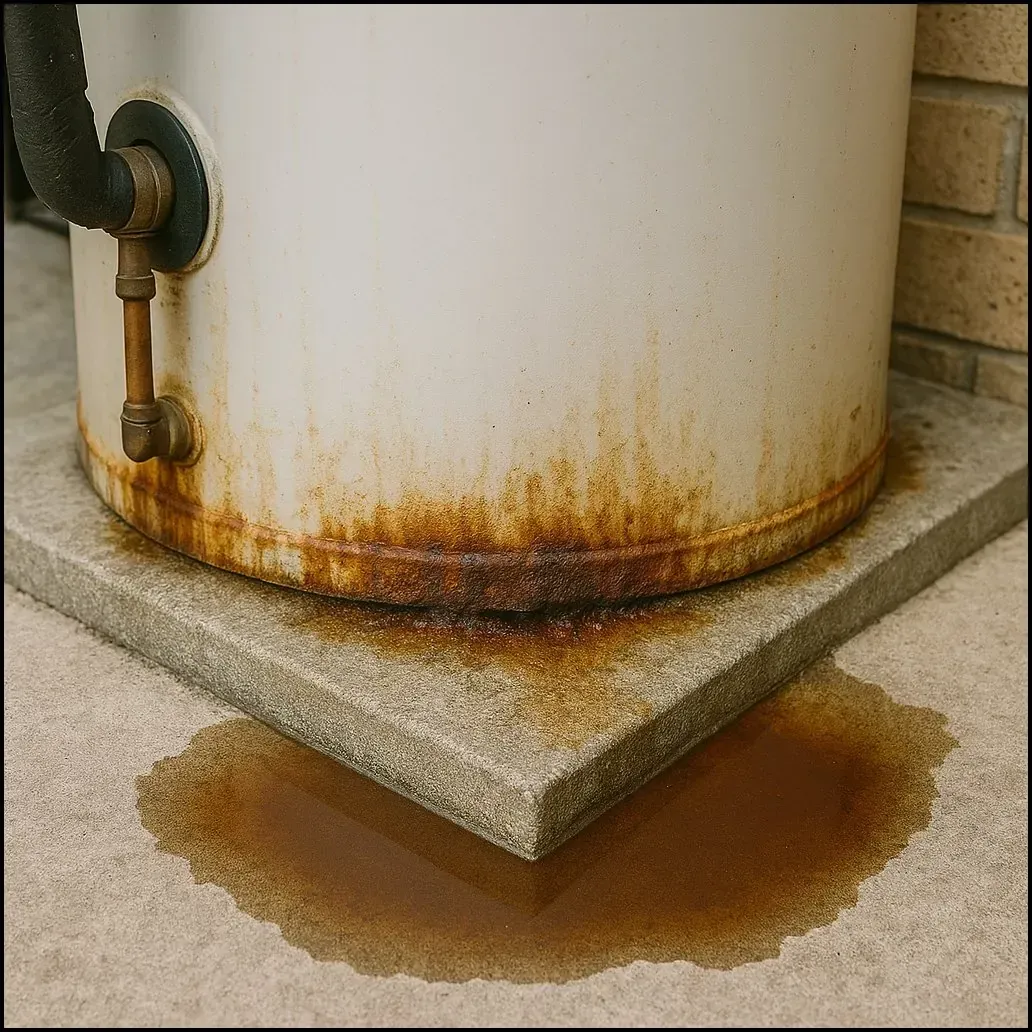 Rusty hot water system leaking and pooling water at the base outside a Canberra home.