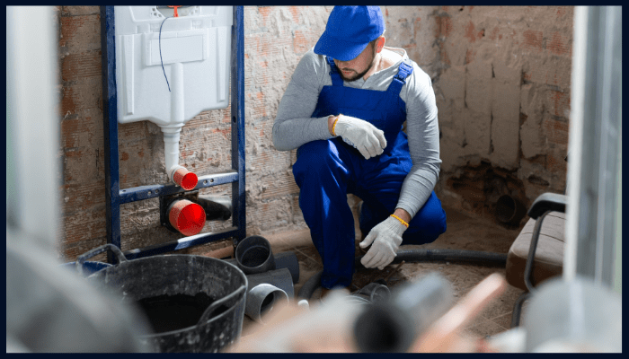 Plumber inspecting bathroom plumbing system during scheduled maintenance in a Canberra home.