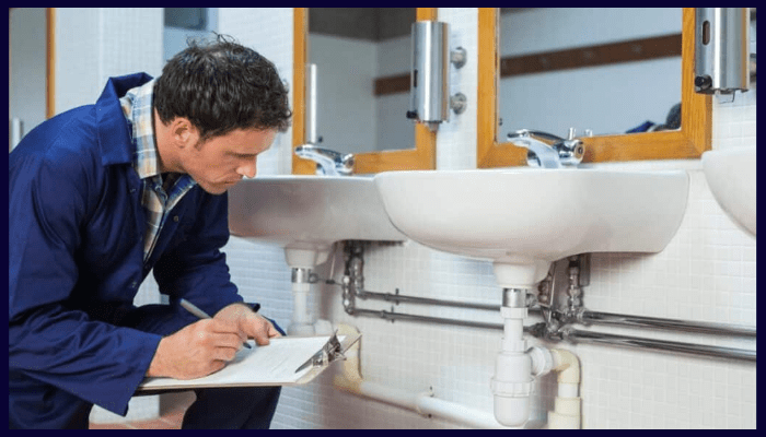 Licensed plumber inspecting bathroom sinks and plumbing fixtures in a Canberra property, offering expert insights on low-flow plumbing performance