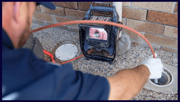 Plumber using CCTV drain inspection camera to diagnose blocked drains in Canberra.