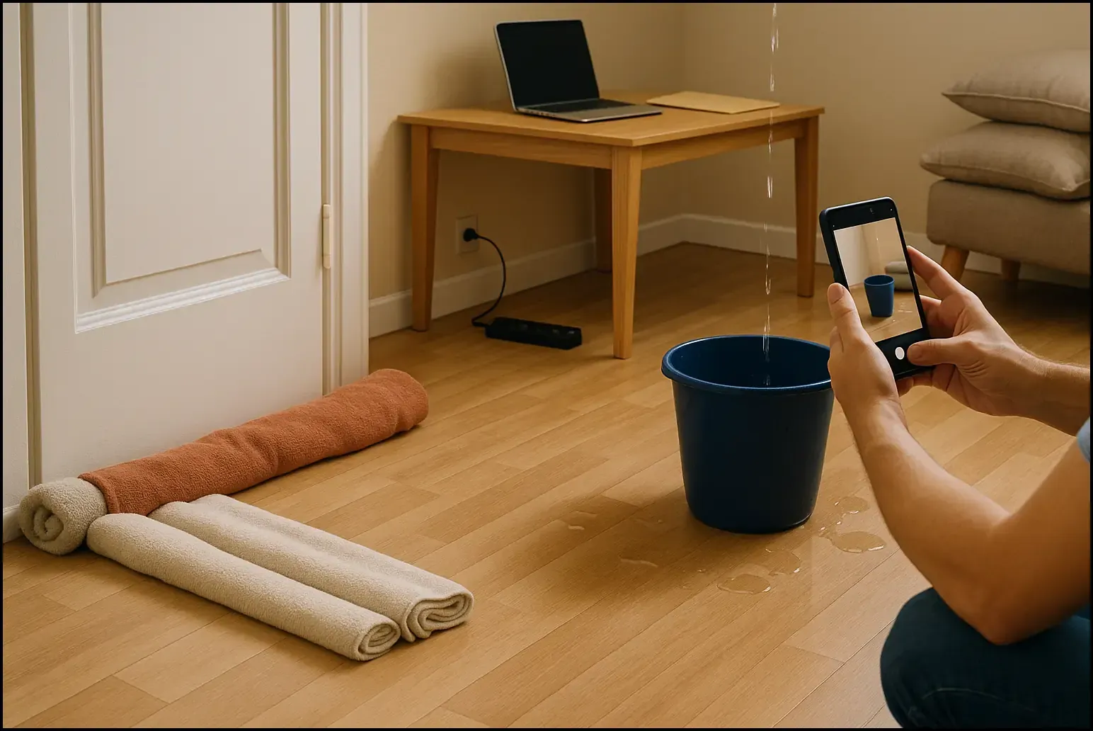 Containing and documenting water damage inside a Canberra home using towels, buckets and a phone bef