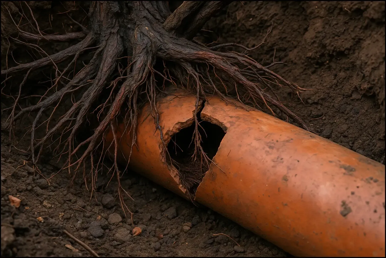 Cracked sewer pipe with tree root intrusion common in Canberra homes