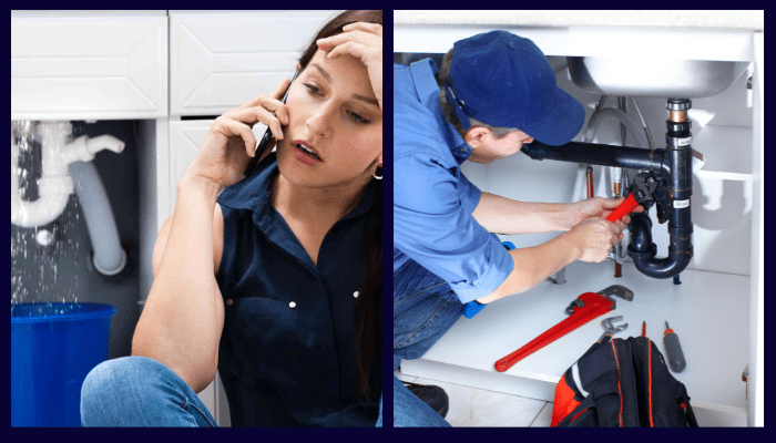 Homeowner stressed on phone and plumber fixing blocked drain.