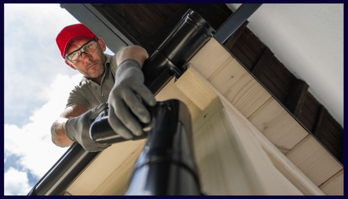 technician installing a black gutter and downpipe on a house