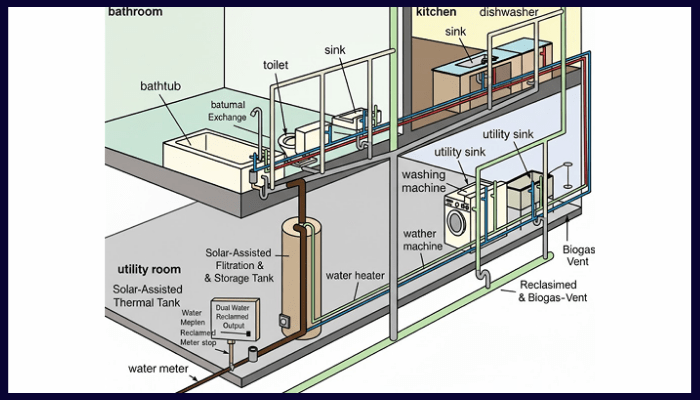 Diagram of a home drainage and plumbing system showing sinks, toilets, and venting, illustrating how low-flow fixtures interact with drainage in Canberra homes