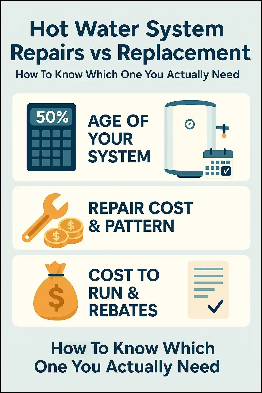 Hot water system repairs versus replacement comparison for Australian homes showing cost, age and efficiency factors